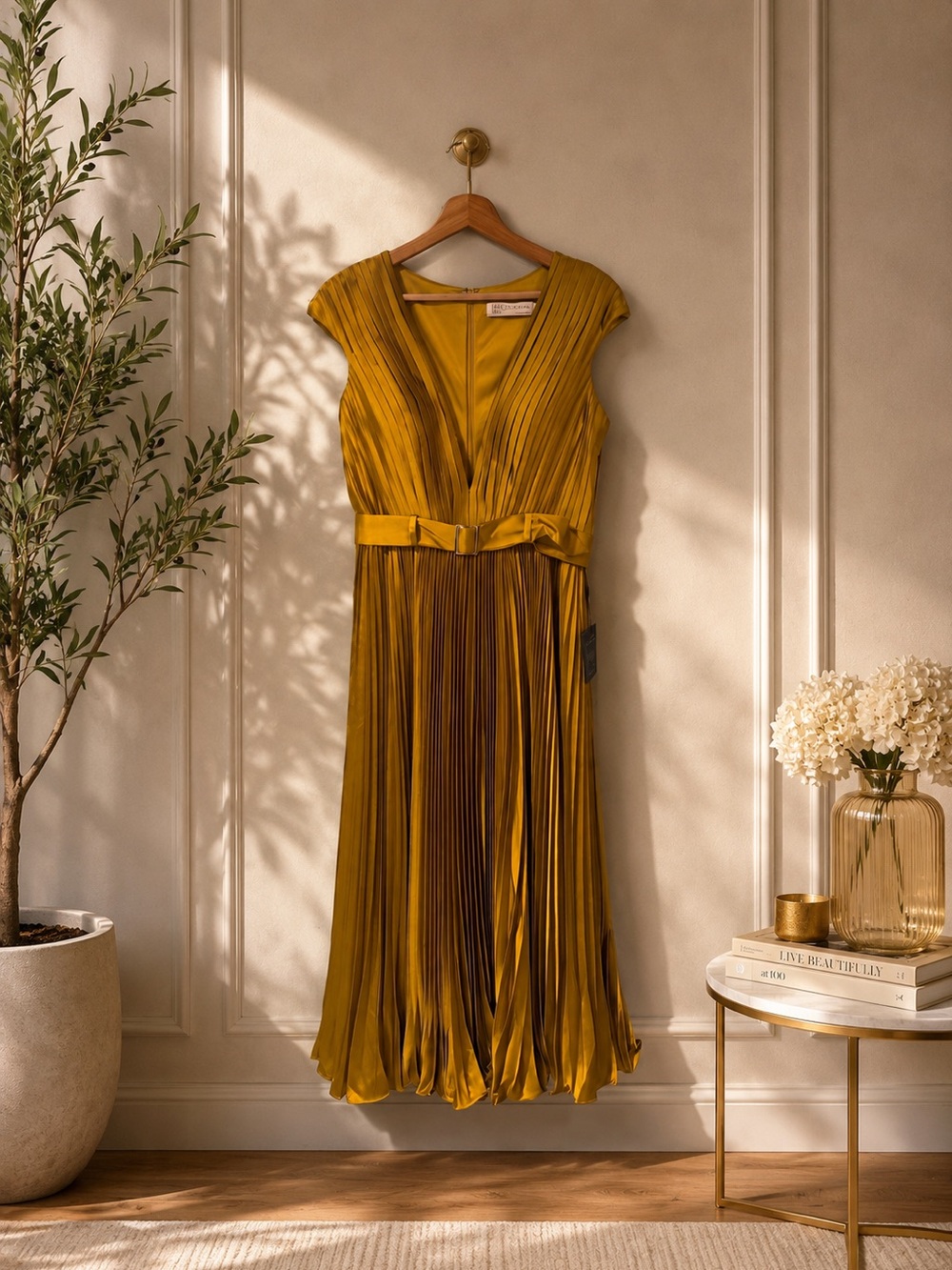 NWT Mac Duggal Chartreuse Pleated Satin Belted Midi Dress Size 8 - Picture 3 of 9